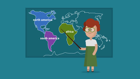 Funny-cartoon-animation-with-the-female-class-teacher,-standing-next-to-the-colorful-Earth’s-map-with-the-long-wooden-pointer.-She-is-transferring-her-geographic-knowledge-about-the-continents.