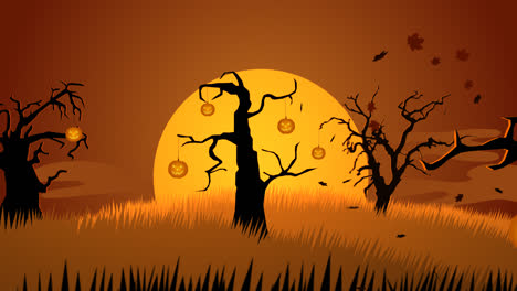 A-scary,-autumn-night.-Zombie-walking-on-the-haunted,-mysterious-graveyard-with-dark-silhouettes-of-spooky-trees-full-of-creepy-jack-o-lanterns.-Full-moon-is-raising.