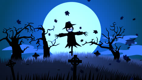 Creepy,-black-scarecrow-on-the-haunted,-mysterious-graveyard-with-old-tombstones-and-dark-silhouettes-of-spooky-trees.-Bats-flying-in-front-of-rising-bright,-full-moon.