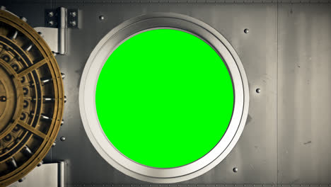 Bank-vault-door-opening-with-camera-following-inside.-Green-screen-in-the-opening.-Secure-space-for-money,-valuables,-documents.-Complex-lock-witch-golden-mechanisms-protecting-from-theft.-4k-HD