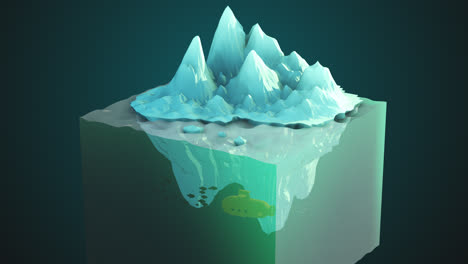 Low-poly-animation.-Freezing,-snowy-north-pole-environment.-Big-white-cold-iceberg.-Under-the-glacier,-the-yellow-submarine-is-on-its-adventure-expedition-swimming-underwater-and-patroling-ocean.