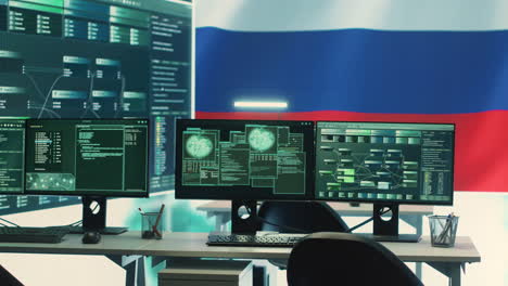 Governmental-cyber-operations-room-with-Russian-flag-on-big-screen