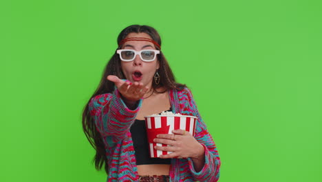 Woman-in-3D-glasses-eating-popcorn-and-watching-interesting-tv-serial,-sport-game-film,-online-movie