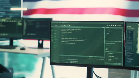 Governmental-tech-room-showing-an-USA-flag-on-big-screen