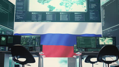 Empty-governmental-hacking-room-with-Russian-flag-on-big-screen