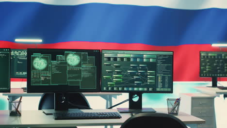 Empty-autocracy-cyber-defense-room-with-Russian-flag-running-on-big-screen