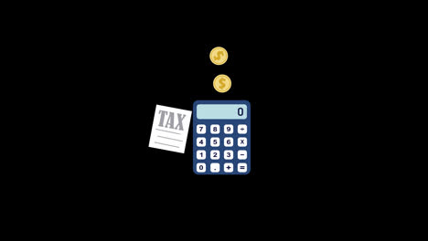 Taschenrechner-Mit-Steuerpapier-Und-Fallenden-Münzen-Steuerkonzept-Symbolanimation-Mit-Alphakanal