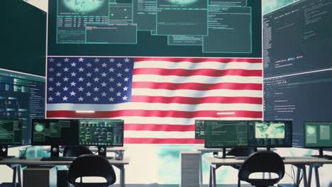 Leere-Cyber-Umgebung-Mit-Der-Amerikanischen-Flagge-Auf-Einem-Großen-Bildschirm