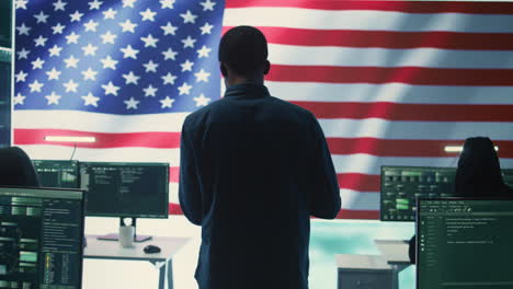 A-technical-team-in-a-governmental-cyber-environment-with-the-USA-flag