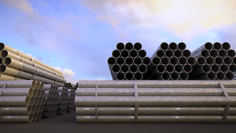 Seamless-background-animation-of-stacked-steel-pipes.-A-metal-tubes-used-in-the-construction-and-petrochemical-industry,-providing-water-to-the-buildings-or-gas-and-oil-to-the-refinery.-Sunny-day.