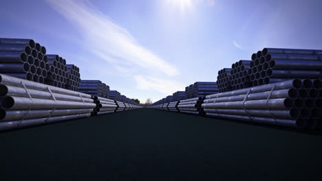 Seamless-background-animation-of-stacked-steel-pipes.-A-metal-tubes-used-in-the-construction-and-petrochemical-industry,-providing-water-to-the-buildings-or-gas-and-oil-to-the-refinery.-Sunny-day.