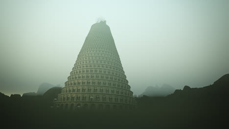 Konzeptbild-Des-Biblischen-Turms-Zu-Babel.-Das-Bauwerk-Wurde-Von-Menschenhand-Errichtet,-Die-Bis-In-Den-Himmel-Reichen-Wollten.-Der-Turm-Verschwindet-Im-Bergnebel,-Während-Er-Versucht,-Den-Himmel-Zu-Erreichen.