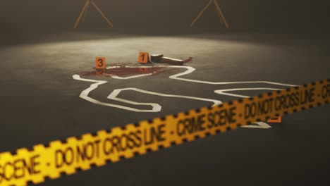 Storehouse-crime-scene.-Dead-body-outline-under-the-forklift.-Rising-up-camera-position.-It-is-important-to-prevent-all-kind-of-accidents-at-work.-Obligatory-controls-of-safety-while-working.