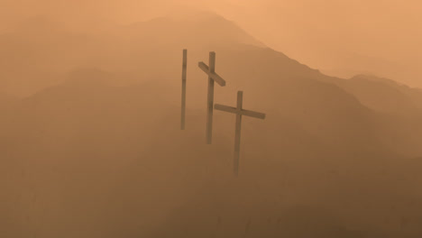 Imagen-Oscura,-Atmosférica-Y-Dramática-De-Tres-Cruces-Recortadas-En-La-Cima-De-Una-Montaña.-Imagen-Conceptual-De-La-Montaña-Bíblica-Del-Gólgota-En-Jerusalén,-Donde-Tuvo-Lugar-La-Crucifixión-De-Cristo.