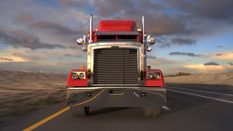 Animation-of-riding-the-18-wheel-delivery-red-truck-with-trailer.-The-heavy-monster-of-every-pathway.-High-distances-beautiful-cargo-transporter.-Inspiring-cloudless-blue-sky-background.-HD