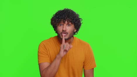 Young-indian-man-presses-finger-to-lips-makes-silence-gesture-sign-do-not-tells-secret,-stop-gossip