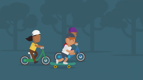 Cartoon-animation-with-boy-and-girl-doing-the-outdoor-workout-in-a-city-park.-A-boy-is-jogging-and-his-friend-is-driving-a-scooter.-Practicing-physical-activity-has-a-great-influence-on-a-human-life.