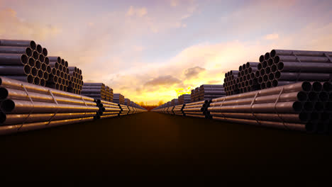 Seamless-background-animation-of-stacked-steel-pipes.-A-metal-tubes-used-in-the-construction-and-petrochemical-industry,-providing-water-to-the-buildings-or-gas-and-oil-to-the-refinery.-Sunny-day.