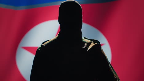 Geheimagent-Macht-Eine-Salutierende-Handbewegung-In-Richtung-Der-Nordkoreanischen-Flagge