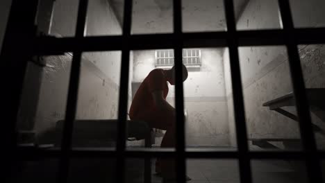 Depressed-criminal-sitting-behind-bars-in-old-grunge-prison-cell.-The-punishment-for-a-committed-crime.-Restriction-of-liberty.-Resocialization-process.-Isolated-single-cell.-Closing-up-camera.