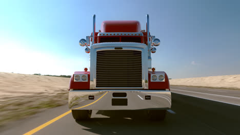 Animation-of-riding-the-18-wheel-delivery-red-truck-with-trailer.-The-heavy-monster-of-every-pathway.-High-distances-beautiful-cargo-transporter.-Inspiring-cloudless-blue-sky-background.-HD