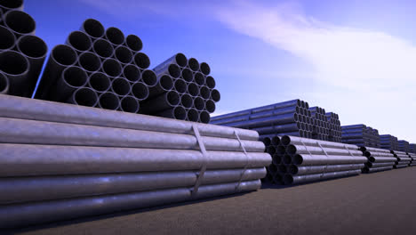 Seamless-background-animation-of-stacked-steel-pipes.-A-metal-tubes-used-in-the-construction-and-petrochemical-industry,-providing-water-to-the-buildings-or-gas-and-oil-to-the-refinery.-Sunny-day.