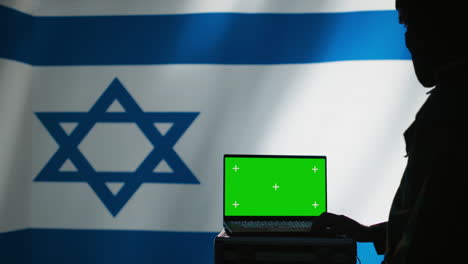 Israel-secret-police-agent-uses-mass-propaganda-tools-on-green-screen-laptop