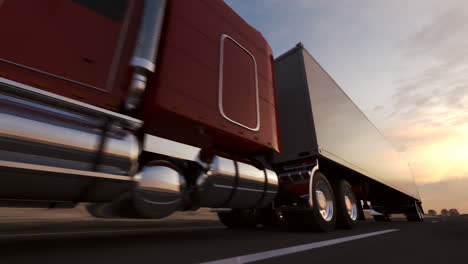 Animation-of-riding-the-18-wheel-delivery-red-truck-with-trailer.-The-heavy-monster-of-every-pathway.-High-distances-beautiful-cargo-transporter.-Inspiring-cloudless-blue-sky-background.-HD