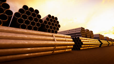 Seamless-background-animation-of-stacked-steel-pipes.-A-metal-tubes-used-in-the-construction-and-petrochemical-industry,-providing-water-to-the-buildings-or-gas-and-oil-to-the-refinery.-Sunny-day.