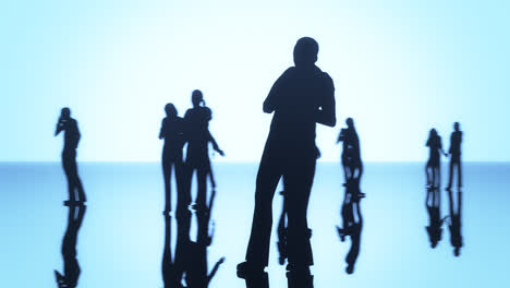 Silhouettes-of-a-crowd-of-people-spread-out-over-a-reflective-blue-surface-past-a-bright-background.-Conceptual-animation-showing-the-everyday-struggle-and-stressful-situations-in-public-relations.