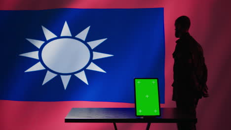 Taiwan-military-unit-patrolling-in-command-room-in-front-of-chroma-key-device