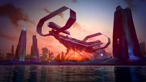 Animation-of-a-sci-fi-abstract-urban-environment.-Conceptual-fantasy-view-of-the-futuristic-city-skyline-with-the-immersive-sunset-background.-the-future-of-engineering.-Closeup-animation.-HD