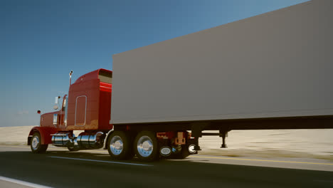 Animation-of-riding-the-18-wheel-delivery-red-truck-with-trailer.-The-heavy-monster-of-every-pathway.-High-distances-beautiful-cargo-transporter.-Inspiring-cloudless-blue-sky-background.-HD