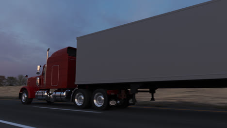 Animation-of-riding-the-18-wheel-delivery-red-truck-with-trailer.-The-heavy-monster-of-every-pathway.-High-distances-beautiful-cargo-transporter.-Inspiring-cloudless-blue-sky-background.-HD