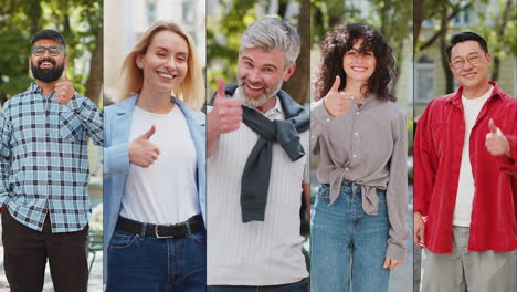 Collage-Aus-Unterschiedlichen-Menschen,-Die-Daumen-Hoch-Zeigen,-Wie-Ein-Positives-Zeichen-Für-Gutes-Positives-Feedback-Auf-Der-Stadtstraße