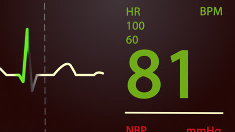 Animation-of-schematic-Intensive-Care-Unit-monitor-showing-normal-values-for-vital-signs,-starting-with-cardiac-frequency.-Dark-blue-backgound.-Perfect-for-any-medical-related-purposes.