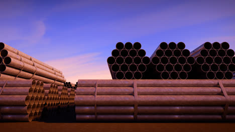 Seamless-background-animation-of-stacked-steel-pipes.-A-metal-tubes-used-in-the-construction-and-petrochemical-industry,-providing-water-to-the-buildings-or-gas-and-oil-to-the-refinery.-Sunny-day.