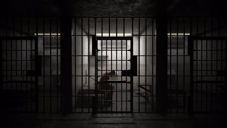 Depressed-criminal-sitting-behind-bars-in-old-grunge-prison-cell.-The-punishment-for-a-committed-crime.-Restriction-of-liberty.-Resocialization-process.-Isolated-single-cell.-Closing-up-camera.