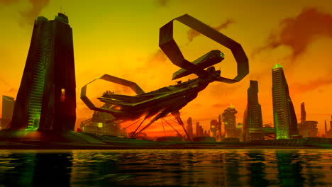 Animation-of-a-sci-fi-abstract-urban-environment.-Conceptual-fantasy-view-of-the-futuristic-city-skyline-with-the-immersive-sunset-background.-the-future-of-engineering.-Closeup-animation.-HD