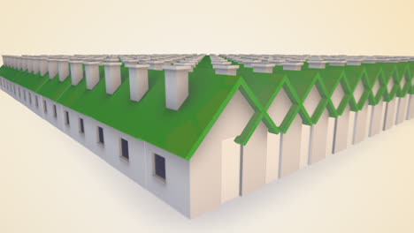 3D-Animation.-Viele-Kleine-Häuser-Mit-Grünen-Dächern,-Die-Langsam-Ineinander-übergehen.-Konzeptdarstellung-Von-Entwicklung,-Einheit,-Kombination,-Sozialisierung.-Perfekt-Für-Wohnungsbezogene-Zwecke.