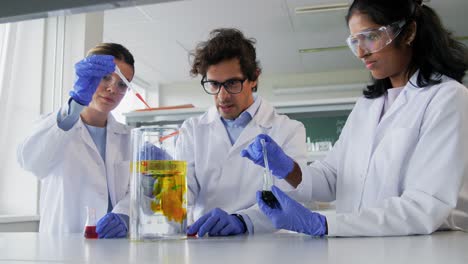 International-Group-of-Scientists-in-Laboratory.science-research,-work-and-people-concept-international-group-of-happy-scientists-with-clipboards-discussing-report-in-laboratory