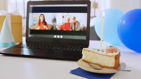 Laptop-with-Family-Having-Virtual-Birthday-Party.people,-technology-and-online-communication-concept-laptop-with-family-having-video-call-or-virtual-birthday-party-on-screen,-cake,-gift-box-and-coffee-on-table-at-home