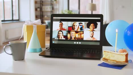 Laptop-with-Family-Having-Virtual-Birthday-Party.people,-technology-and-online-communication-concept-laptop-with-family-having-video-call-or-virtual-birthday-party-on-screen,-cake,-gift-box-and-coffee-on-table-at-home