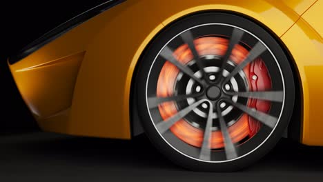 Overheated-brake-disk-glowing-red.-Static-camera-fixed-on-the-front-of-a-yellow-sport-car.-Loopable-animation.-Highway-high-speed-transportation-concept.-Automotive-race-vehicle.