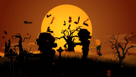 A-scary,-autumn-night.-Zombie-walking-on-the-haunted,-mysterious-graveyard-with-dark-silhouettes-of-spooky-trees-full-of-creepy-jack-o-lanterns.-Full-moon-is-raising.