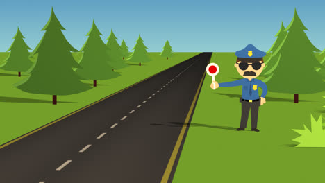 Die-Zeichentrickanimation-Des-Polizisten-Der-Autobahnpolizei.-Der-Gesetzeshüter-Mit-Sonnenbrille-Und-Großem-Schnurrbart-Schwenkt-Seinen-Roten-Lutscher-Und-Stoppt-Das-Rote-Auto,-Das-Zu-Schnell-Fuhr.