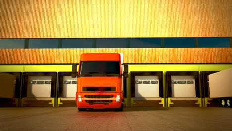 Trucks-with-semi-trailers-standing-in-a-row-in-front-of-a-warehouse.-Heavy-load-cargo-transport-from-business-commercial-sites.-Logistics-freight-industry-transportation-endless,-seamless-loop.