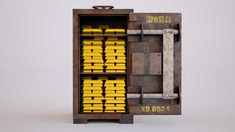 Precious-gold-bullion-bars-stacked-tightly-in-an-old,-vintage-safe-with-its-metal-door-standing-wide-open.-A-conceptual-image-of-the-finances,-savings,-and-richness.