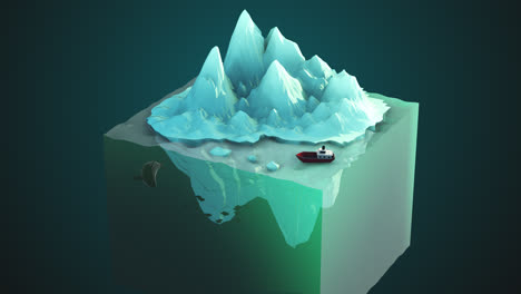 Low-Poly-Animation.-Eiskalte,-Verschneite-Umgebung-Am-Nordpol.-Boot-Vor-Anker-In-Der-Nähe-Des-Weißen-Eisbergs-In-Der-Antarktis.-Im-Blauen,-Kalten-Ozean-Jagt-Ein-Orca-Fische.