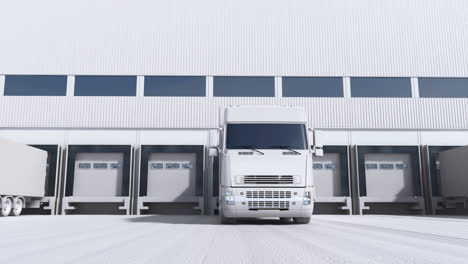 Trucks-with-semi-trailers-standing-in-a-row-in-front-of-a-warehouse.-Heavy-load-cargo-transport-from-business-commercial-sites.-Logistics-freight-industry-transportation-endless,-seamless-loop.